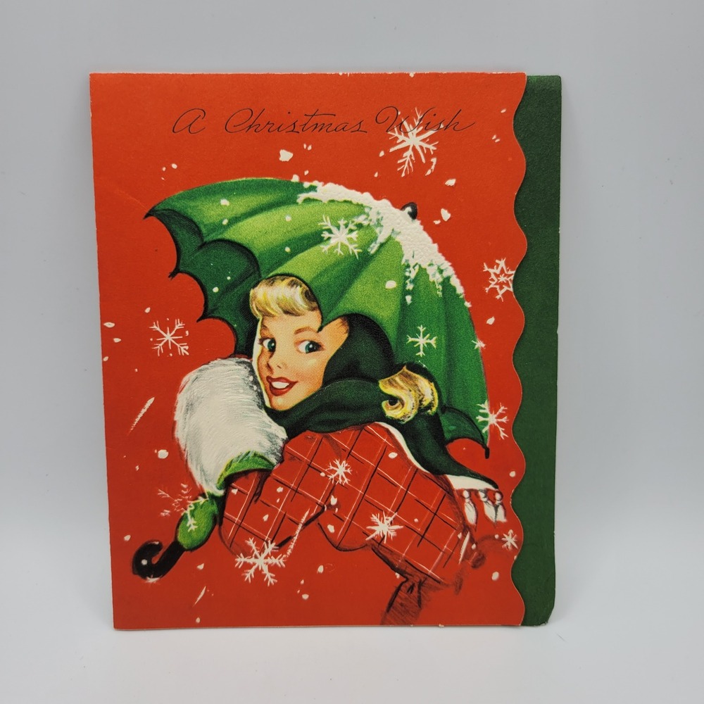 Vintage Art Guild Williamsburg Christmas Card Girl Umbrella‎ 1950s Signed